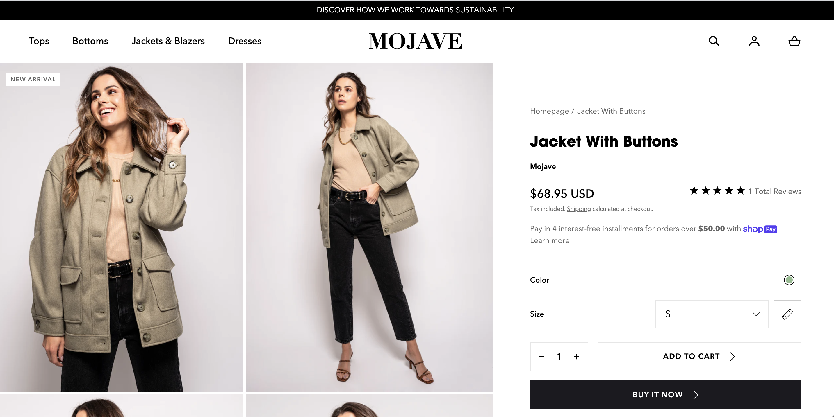 Pictures of a woman on the website using Mojave theme that is one of the best Shopify themes for clothing brands.